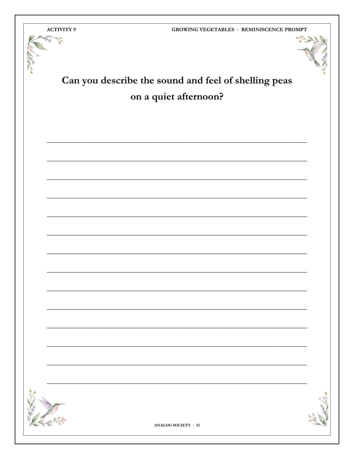 A Memory Book — The Garden - inside page 14: Can you describe the sound and feel of shelling peas