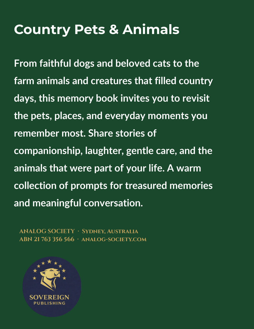A Memory Book — Country Pets and Animals - back cover