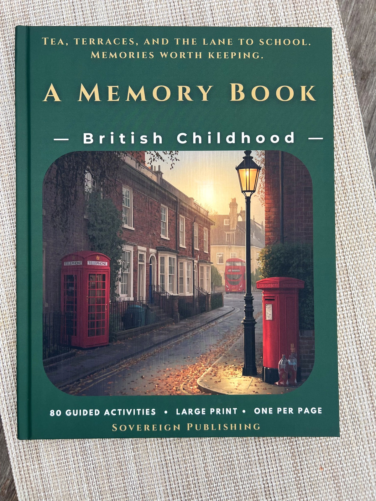 A Memory Book - British Childhood, real hardcover front cover photographed in daylight