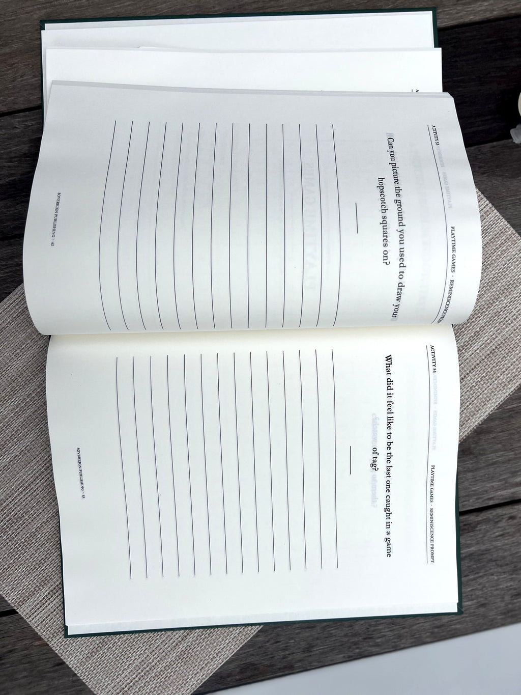 Open spread of A Memory Book - British Childhood showing large-print writing pages