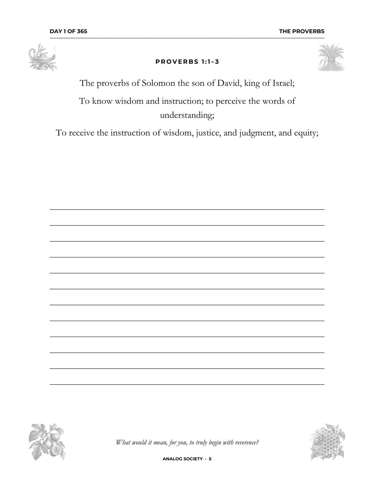 In Your Own Hand — Proverbs - inside page: Day 1 of 365 (printed in black and white)