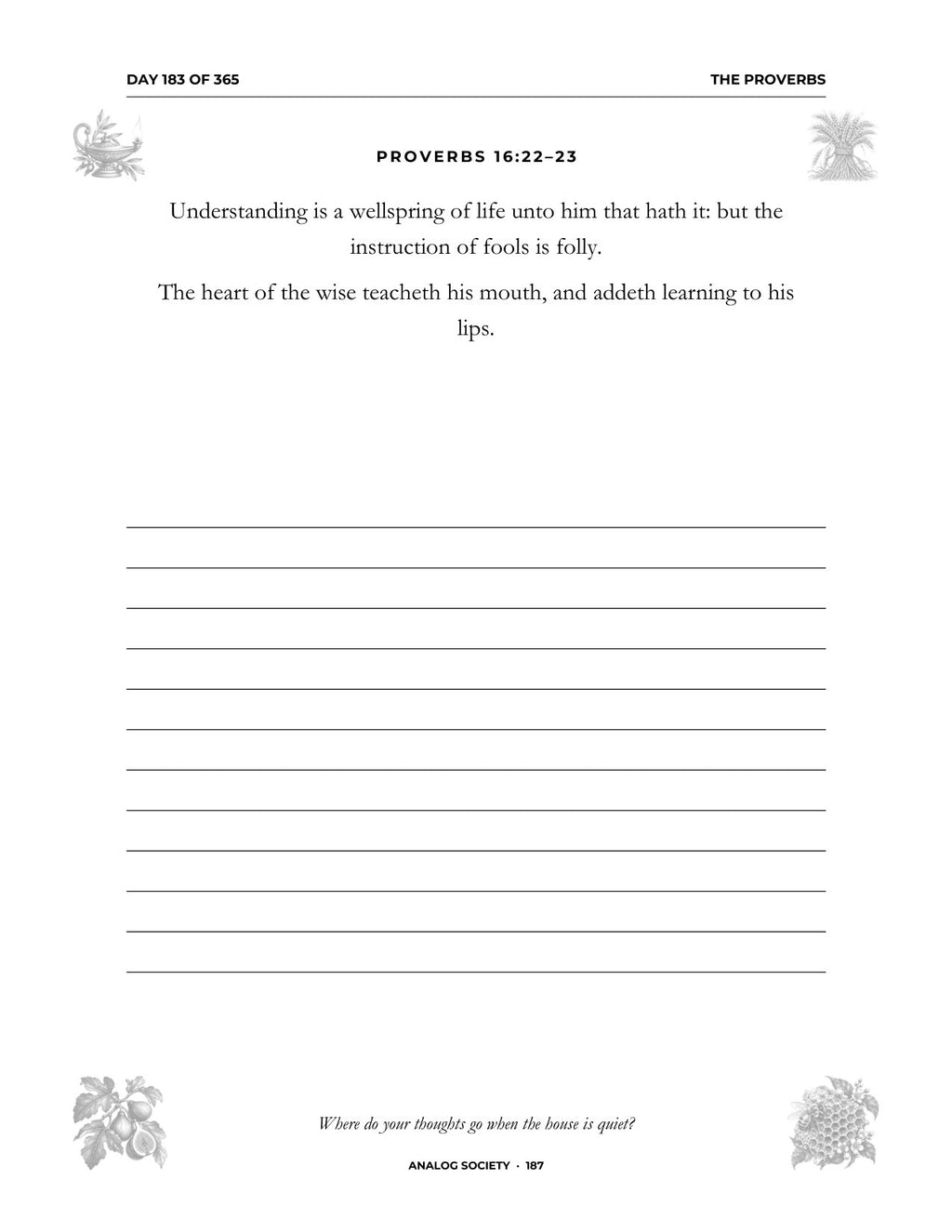 In Your Own Hand — Proverbs - inside page: Day 183 of 365 (printed in black and white)