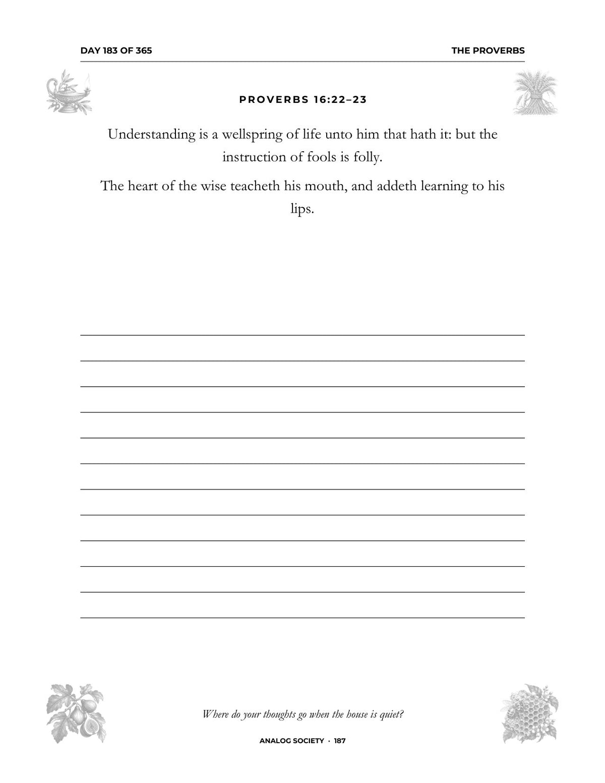 In Your Own Hand — Proverbs - inside page: Day 183 of 365 (printed in black and white)