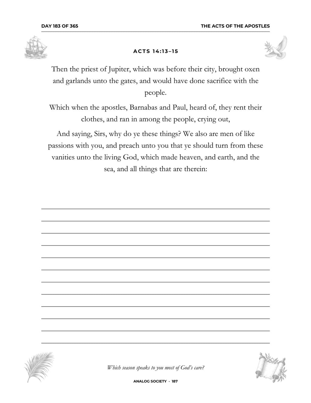 In Your Own Hand — The Acts of the Apostles - inside page: Day 183 of 365 (printed in black and white)