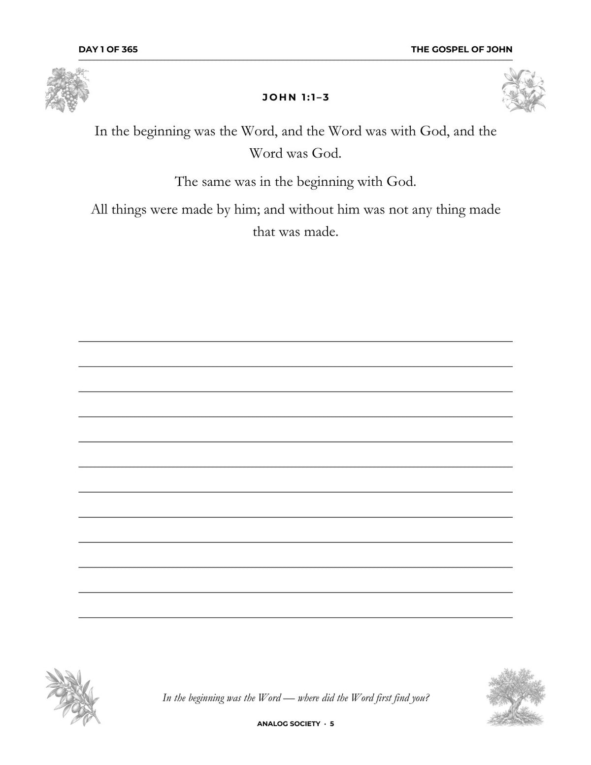 In Your Own Hand — The Gospel of John - inside page: Day 1 of 365 (printed in black and white)