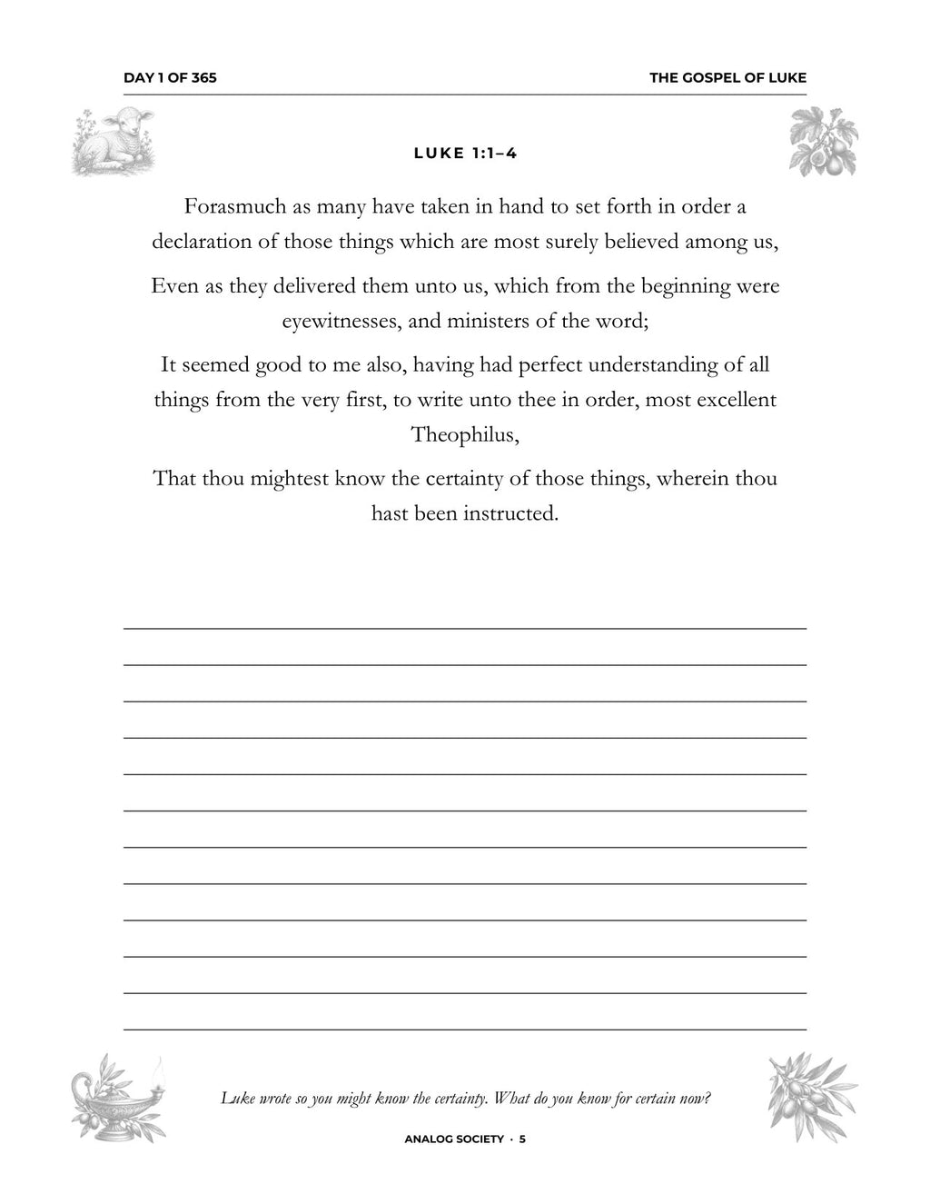 In Your Own Hand — The Gospel of Luke - inside page: Day 1 of 365 (printed in black and white)