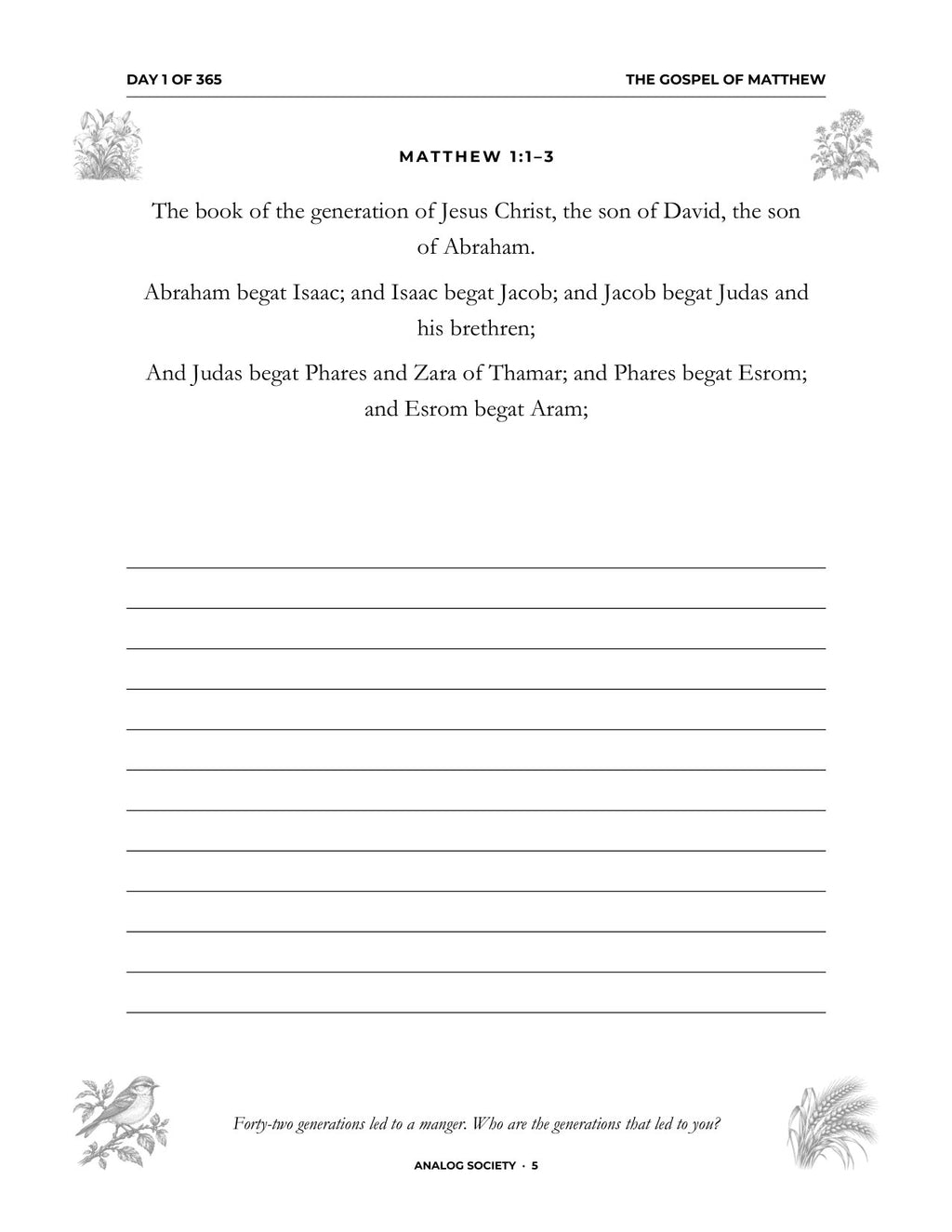 In Your Own Hand — The Gospel of Matthew - inside page: Day 1 of 365 (printed in black and white)