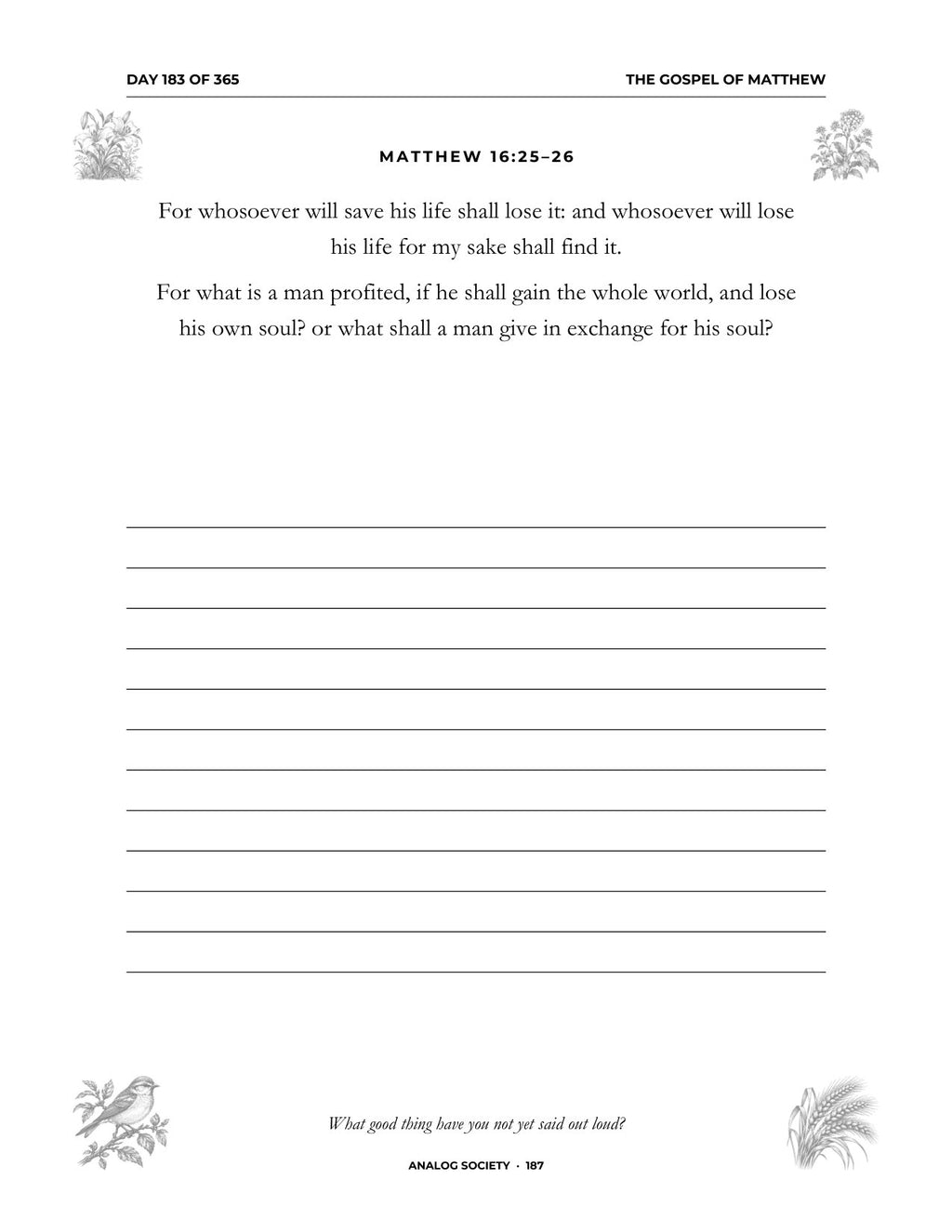 In Your Own Hand — The Gospel of Matthew - inside page: Day 183 of 365 (printed in black and white)